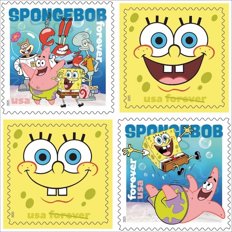 アメリカ郵便公社(USPS)が発行する、人気アニメ『スポンジ・ボブ』の公式「Foreverスタンプ」の画像