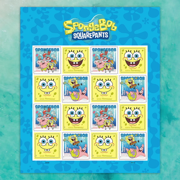 アメリカ郵便公社(USPS)が発行する、人気アニメ『スポンジ・ボブ』の公式「Foreverスタンプ」の画像