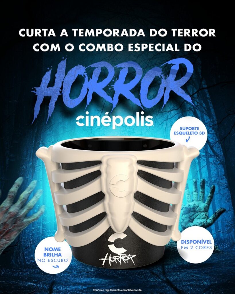 Cinépolisがホラー映画シーズンに合わせて発売した、暗闇で光るポップコーンバケット「Balde do Horror」の画像