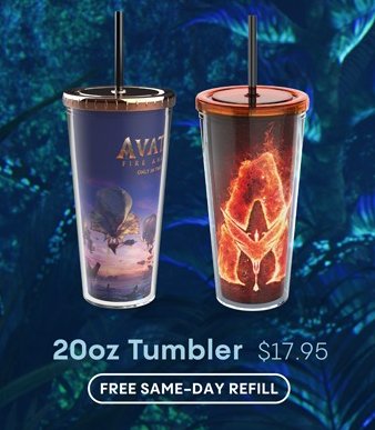 映画『アバター：ファイヤー・アンド・アッシュ』の公開にあわせ、Cinemarkに登場したポップコーンバケットとドリンクカップの画像