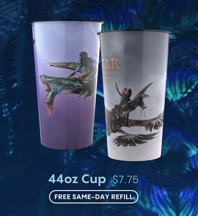 映画『アバター：ファイヤー・アンド・アッシュ』の公開にあわせ、Cinemarkに登場したポップコーンバケットとドリンクカップの画像