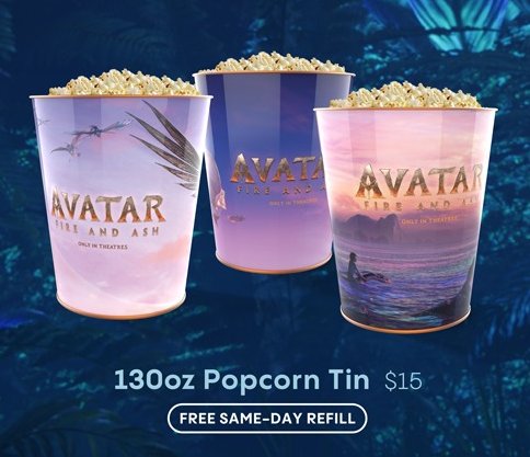 映画『アバター：ファイヤー・アンド・アッシュ』の公開にあわせ、Cinemarkに登場したポップコーンバケットとドリンクカップの画像