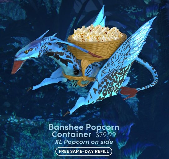 映画『アバター：ファイヤー・アンド・アッシュ』の公開にあわせ、Cinemarkに登場したポップコーンバケットとドリンクカップの画像