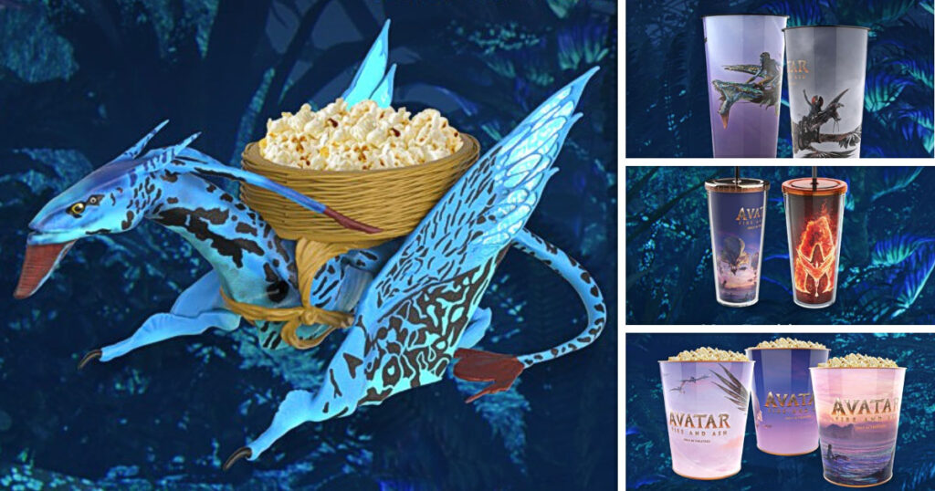 映画『アバター:ファイヤー・アンド・アッシュ』の公開にあわせ、Cinemarkに登場したポップコーンバケットとドリンクカップの画像