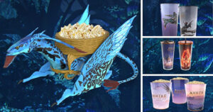 映画『アバター：ファイヤー・アンド・アッシュ』の公開にあわせ、Cinemarkに登場したポップコーンバケットとドリンクカップの画像