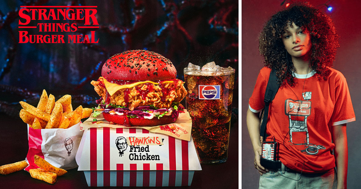 KFCイギリスがNetflix『ストレンジャー・シングス』最終シーズンに合わせて発売した、期間限定のコラボメニューとグッズの画像。
