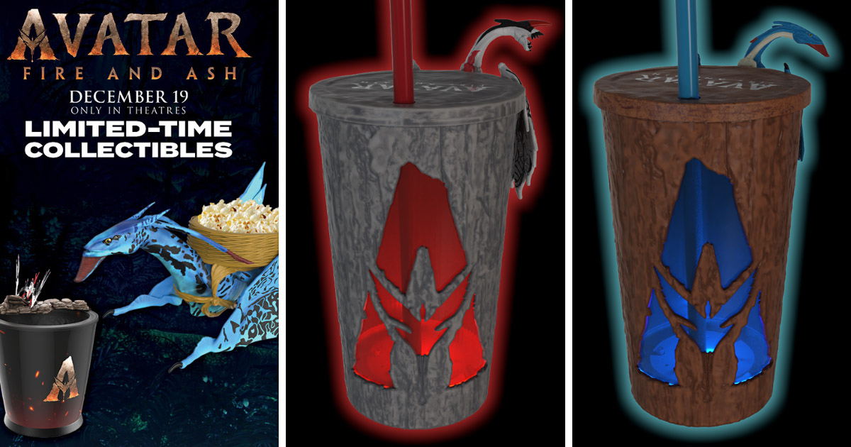 映画『アバター：ファイヤー・アンド・アッシュ』の公開にあわせて、アメリカのMarcus Theatresが発表した、ポップコーンバケットとドリンクカップの画像