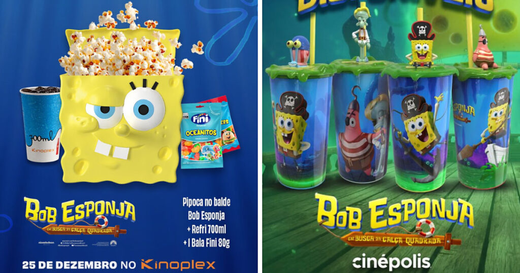 ブラジルのKinoplexとCinépolisが映画『劇場版スポンジ・ボブ　呪われた海賊と大冒険だワワワワワ！』公開にあわせて発表した、ポップコーンバケットとドリンクカップの画像
