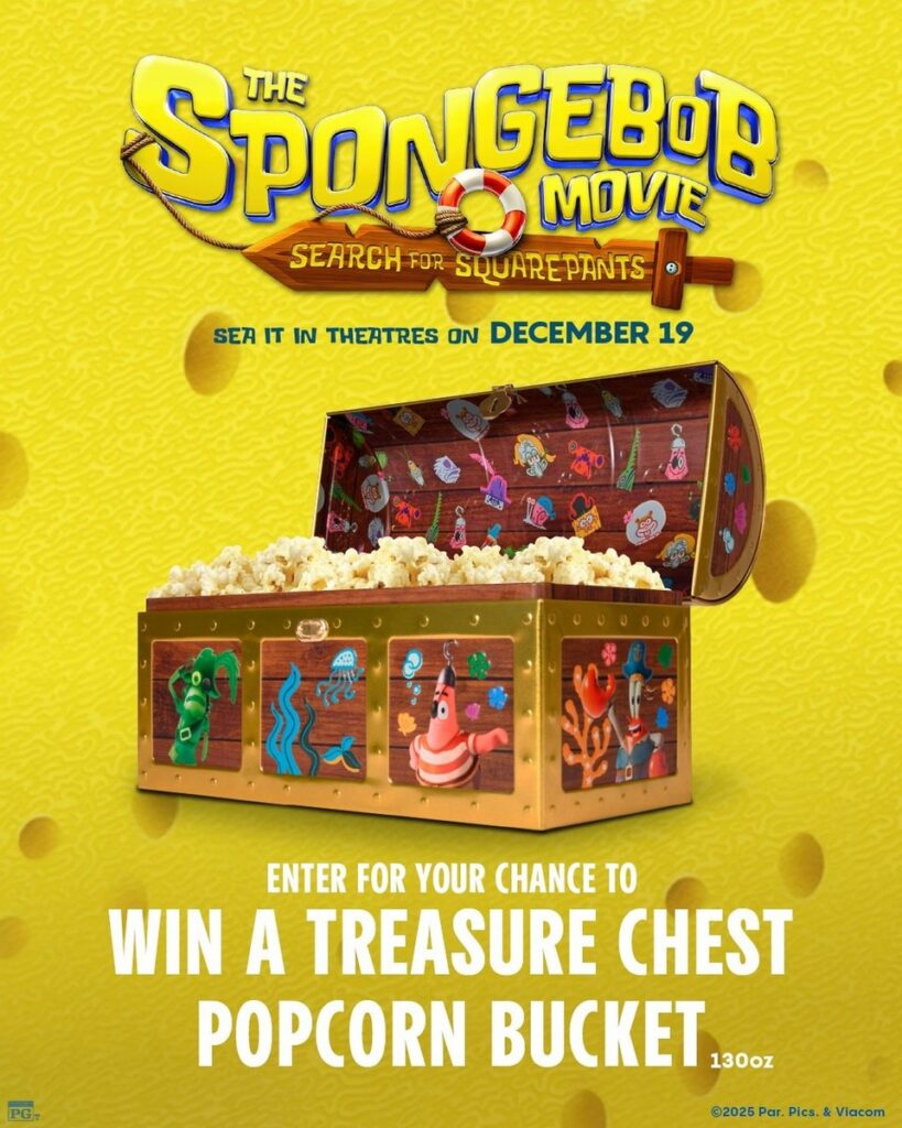 映画『劇場版スポンジ・ボブ 呪われた海賊と大冒険だワワワワワ！』の公開にあわせて、Cinemarkが展開する宝箱型のポップコーンバケットの画像