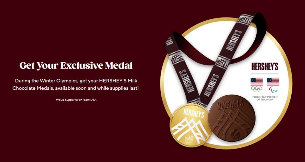 2026年ミラノ・コルティナ冬季五輪にあわせて、ハーシーズが発表した新キャンペーン「Hershey’s. It’s Your Happy Place.」の画像。