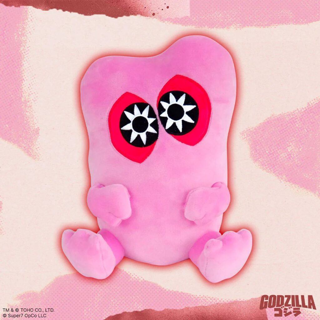 Super7から登場したバレンタイン限定ぬいぐるみシリーズより、ピンクカラーにアレンジされたゴジラ、モスラ 、ヘドラ の画像。