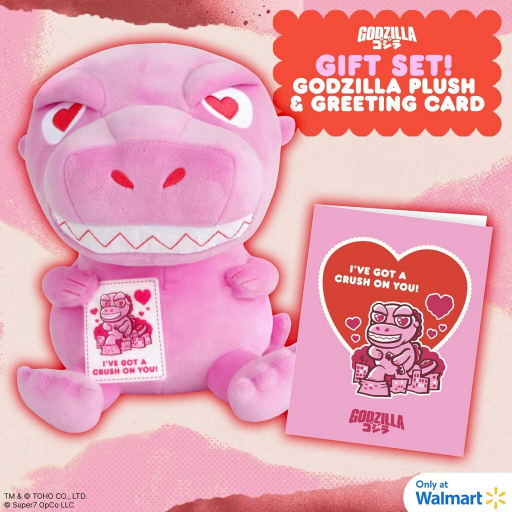 Super7から登場したバレンタイン限定ぬいぐるみシリーズより、ピンクカラーにアレンジされたゴジラ、モスラ 、ヘドラ の画像。