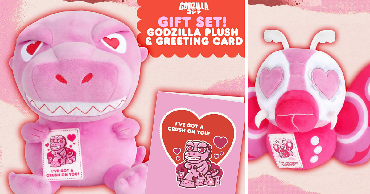 Super7から登場したバレンタイン限定ぬいぐるみシリーズより、ピンクカラーにアレンジされたゴジラ、モスラ 、ヘドラ の画像。
