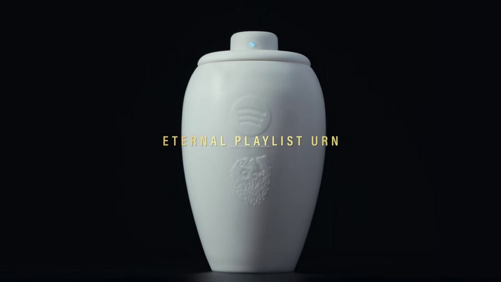 SpotifyとLiquid Deathが発表した、世界初の“音楽ストリーミング対応”骨壺「Eternal Playlist Urn」の画像。