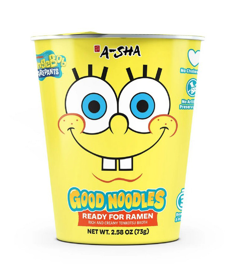 人気ノンフライ麺ブランド「A-Sha」と、アニメ『スポンジ・ボブ』がコラボした「Good Noodles」シリーズの画像。