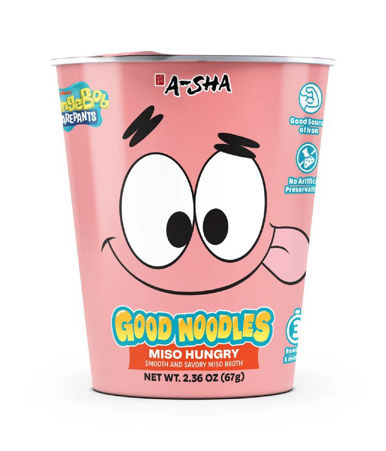 人気ノンフライ麺ブランド「A-Sha」と、アニメ『スポンジ・ボブ』がコラボした「Good Noodles」シリーズの画像。