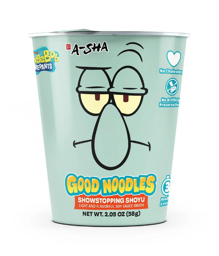 人気ノンフライ麺ブランド「A-Sha」と、アニメ『スポンジ・ボブ』がコラボした「Good Noodles」シリーズの画像。
