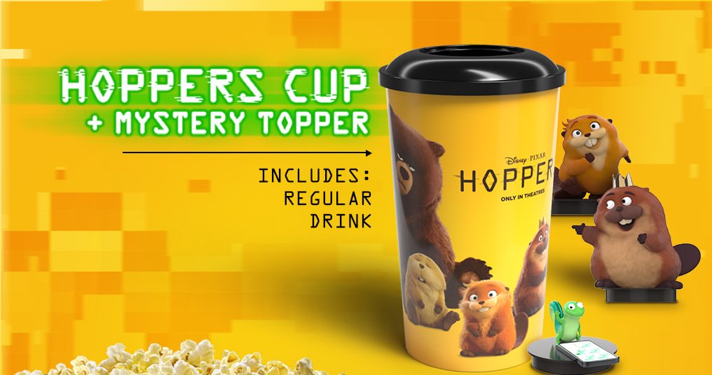 『私がビーバーになる時』（原題：Hoppers）の公開に先がけ、各国の映画館チェーンから登場した限定ドリンクカップやポップコーンバケットの画像。
