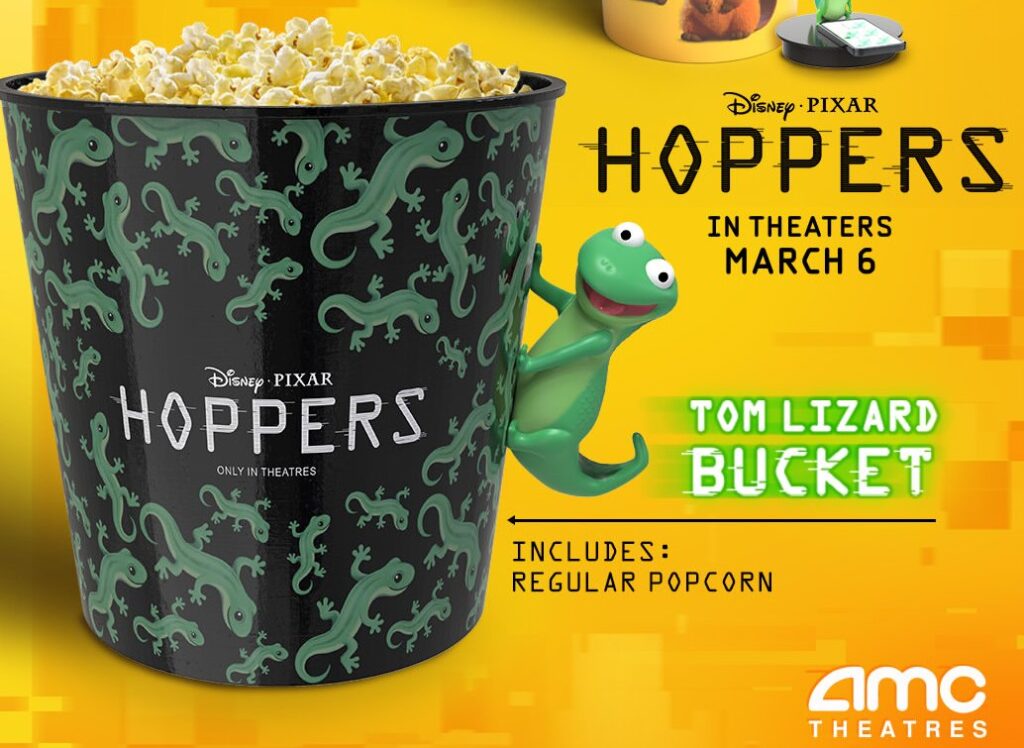 『私がビーバーになる時』（原題：Hoppers）の公開に先がけ、各国の映画館チェーンから登場した限定ドリンクカップやポップコーンバケットの画像。