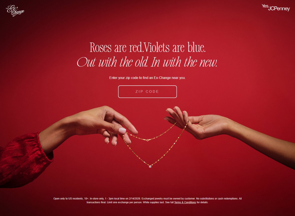 JCPenneyが2026年のバレンタインデーに開催する、一日限定のジュエリー交換イベント「The Ex-Change」の画像。