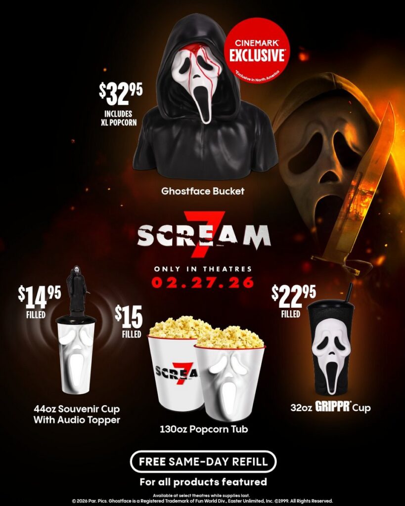 ホラー映画『スクリーム7』に合わせ、米国Cinemarkから発売される限定のオリジナルグッズの画像。