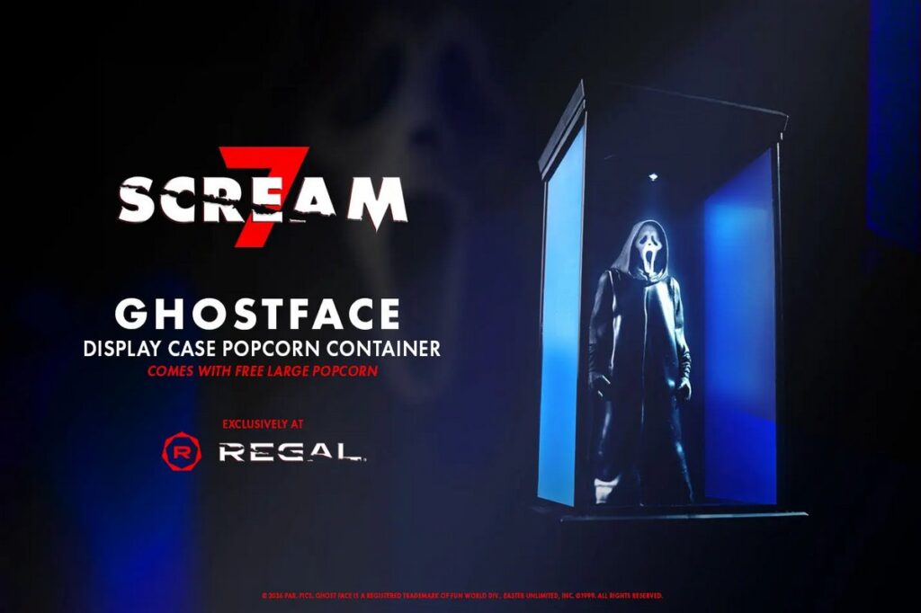 映画『スクリーム7』にあわせてRegal Cinemasが発表した、ポップコーンバケットと特別メニューの画像。