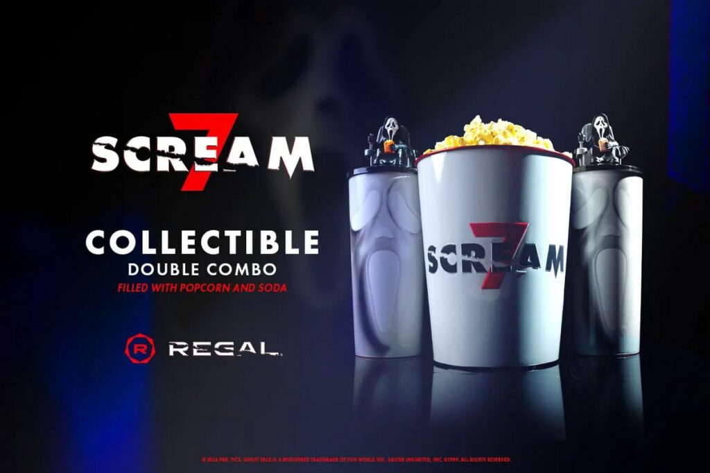 映画『スクリーム7』にあわせてRegal Cinemasが発表した、ポップコーンバケットと特別メニューの画像。