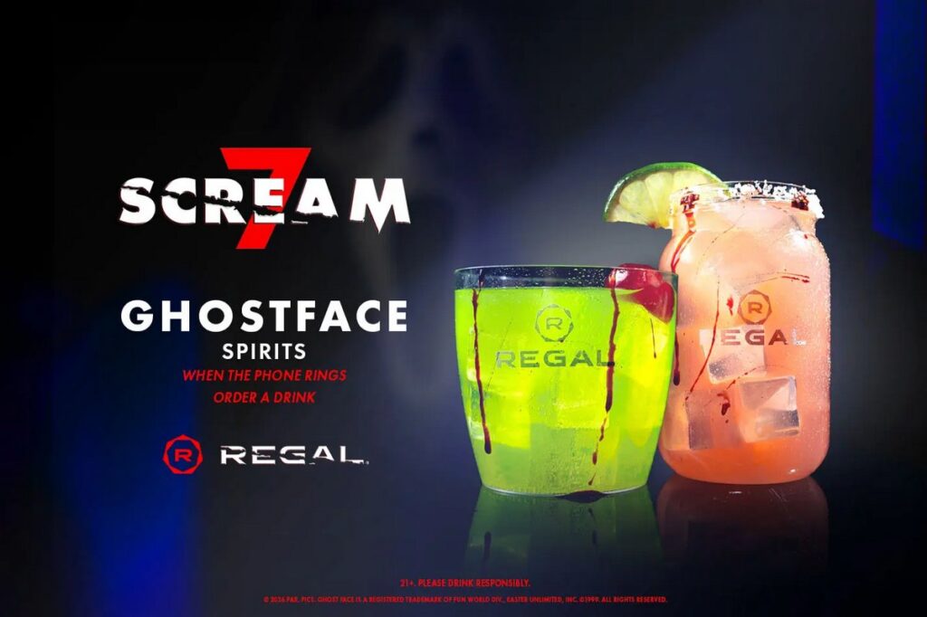 映画『スクリーム7』にあわせてRegal Cinemasが発表した、ポップコーンバケットと特別メニューの画像。