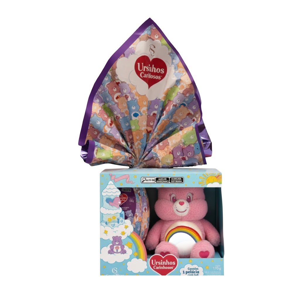 2026年ブラジルのイースターに登場した、ケアベアのLEDぬいぐるみ付きイースターエッグの画像。