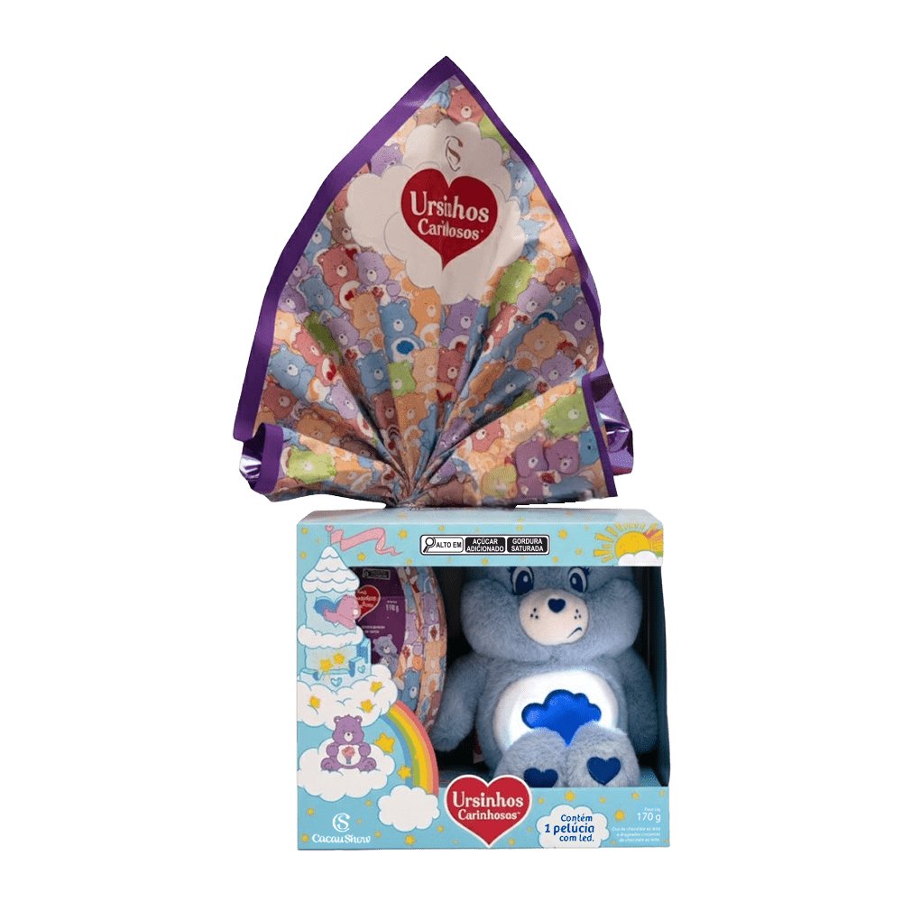 2026年ブラジルのイースターに登場した、ケアベアのLEDぬいぐるみ付きイースターエッグの画像。