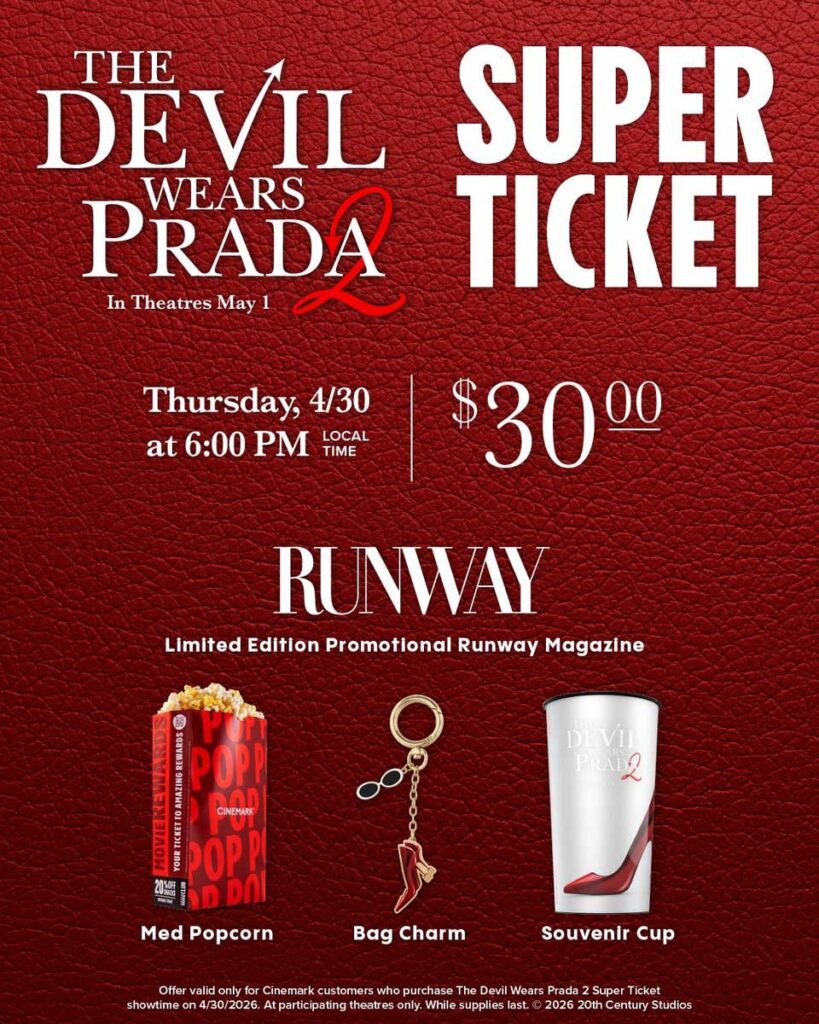 映画『プラダを着た悪魔 2』の公開に向けて、アメリカの映画館チェーンCinemarkが新たな公式動画をInstagramで公開し、明らかになった劇場限定グッズの詳細の画像。