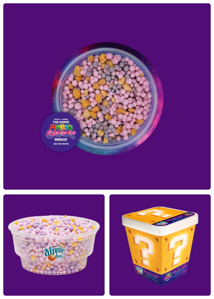 米国のアイスクリームブランド ディッピン・ドッツ が、映画 『ザ・スーパーマリオギャラクシー・ムービー』とタッグを組み発表した、限定フレーバー「Galaxy Pop」の画像。