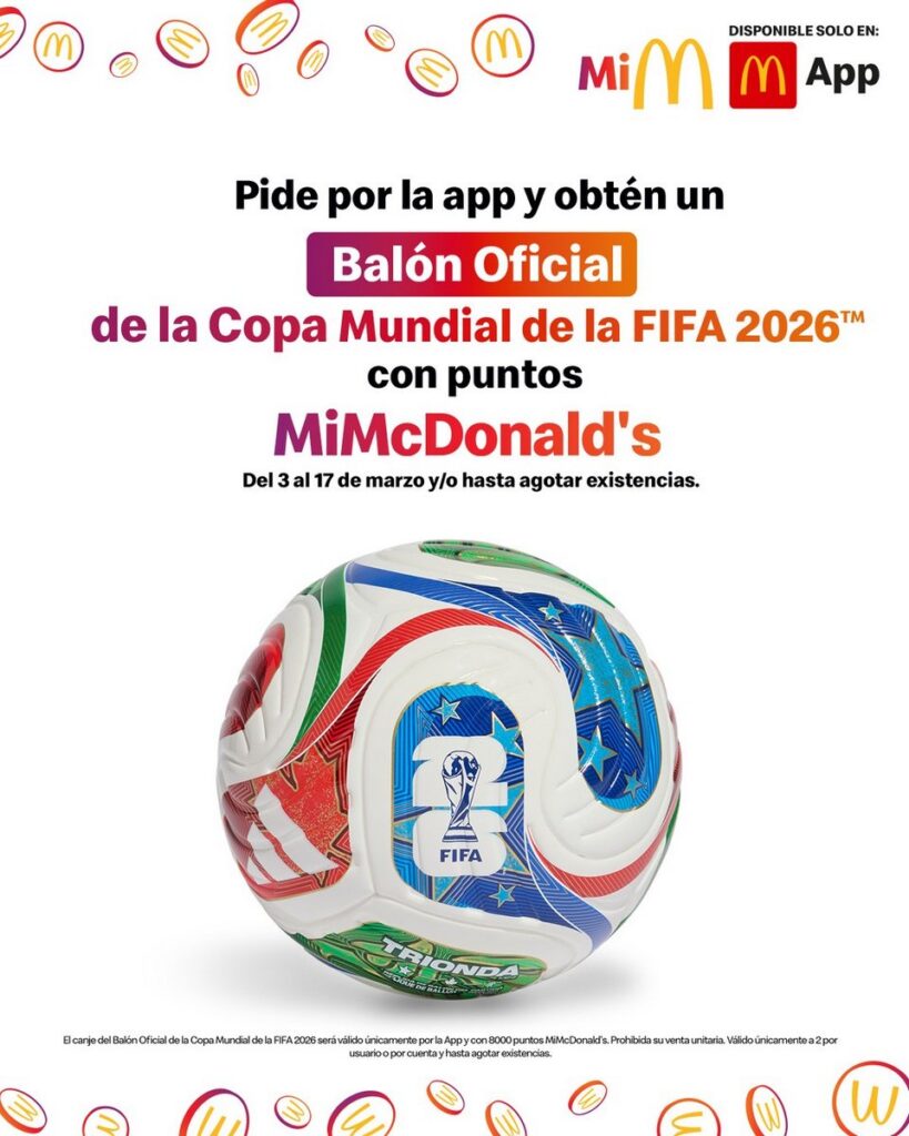 メキシコのマクドナルドが、2026 FIFA World Cupの公式スポンサーとして販売する、大会公式ボール「TRIONDA」をモチーフにしたミニボールの画像。