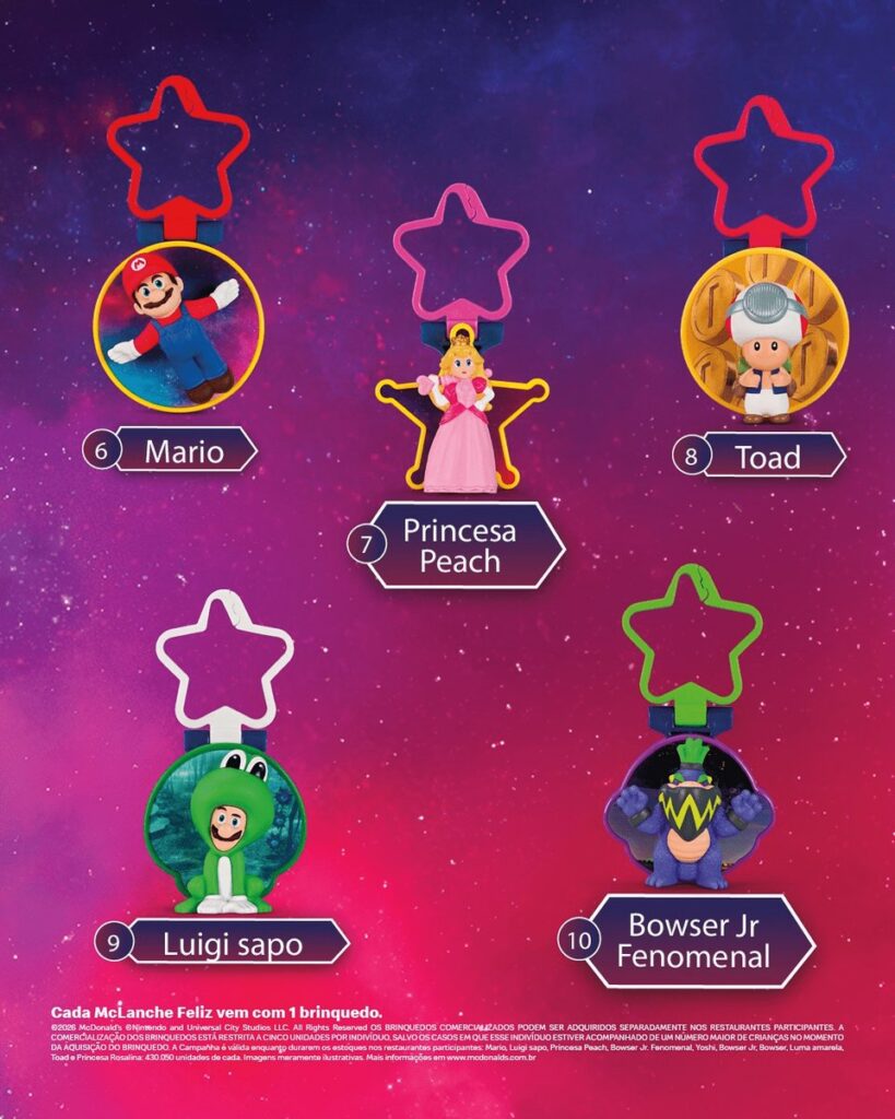 ブラジルのマクドナルドが展開する、映画『ザ・スーパーマリオギャラクシー・ムービー』と連動したハッピーセットの画像。