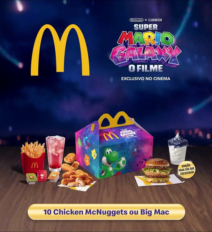 ブラジルのマクドナルドが展開する、映画『ザ・スーパーマリオギャラクシー・ムービー』と連動したハッピーセットの画像。