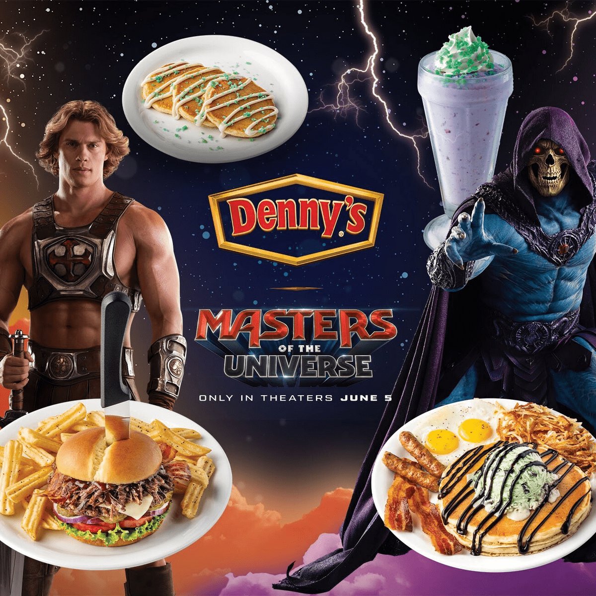 アメリカのデニーズが映画『マスターズ・オブ・ユニバース』とのコラボとして展開する、期間限定のテーマメニューの画像。