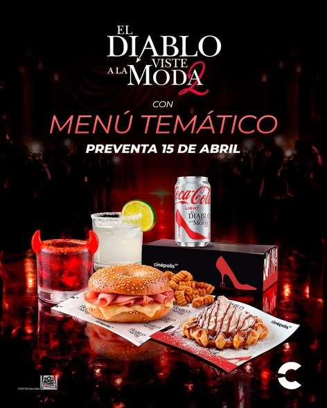 映画『プラダを着た悪魔2』公開にあわせて、Marcus TheatresとCinépolisが展開する限定ポップコーンバケットとコラボメニューの画像。