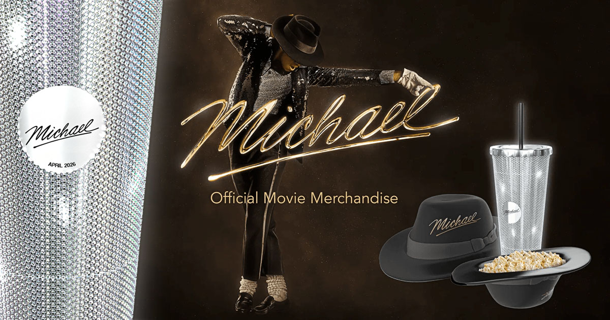映画『Michael／マイケル』の公開にあわせ、Marcus Theatres公式オンラインストアで販売された、ポップコーンバケットとタンブラーの画像。