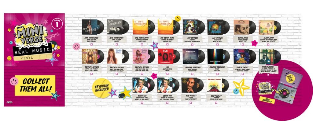 MGAエンターテインメントが発売する、実際に音楽が再生できるミニチュアレコードプレーヤーとミニレコードのコレクション商品「MGA’s Miniverse Real Music」の画像。