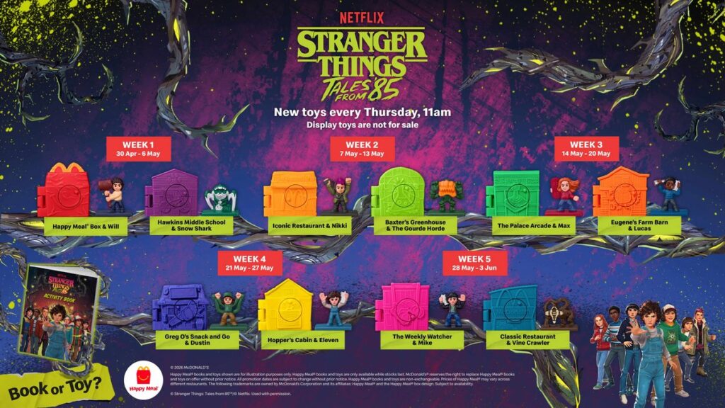Netflixアニメ『ストレンジャー・シングス: 1985年の冒険』の配信を記念して、世界各国のマクドナルドで展開されるハッピーセットの画像。