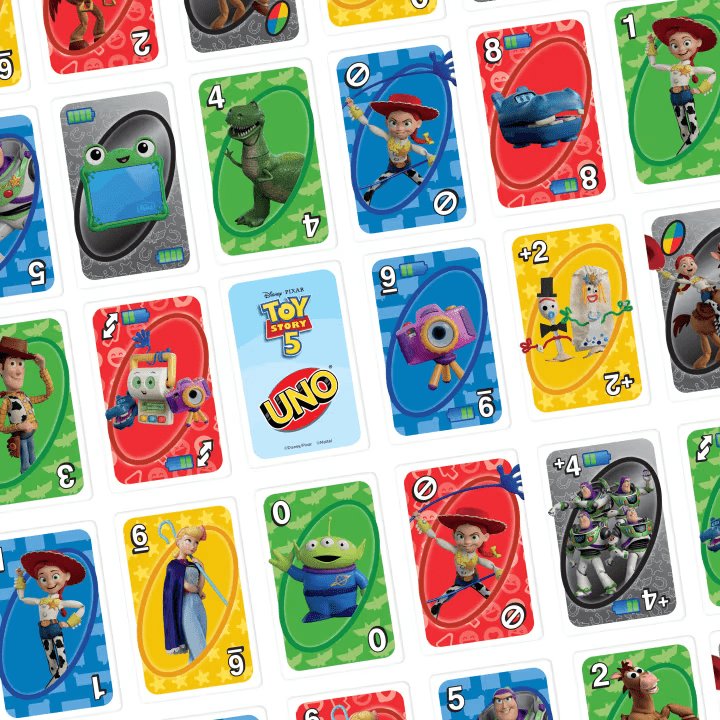 映画公開に先駆け、マテル社から登場した『トイ・ストーリー5』をテーマにしたUNOカードゲームの画像。