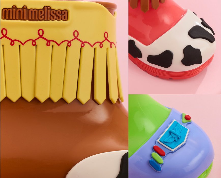 ブラジル発のシューズブランド Melissa が展開する、Toy Story のキャラクターをモチーフにしたベビー用レインブーツの画像。