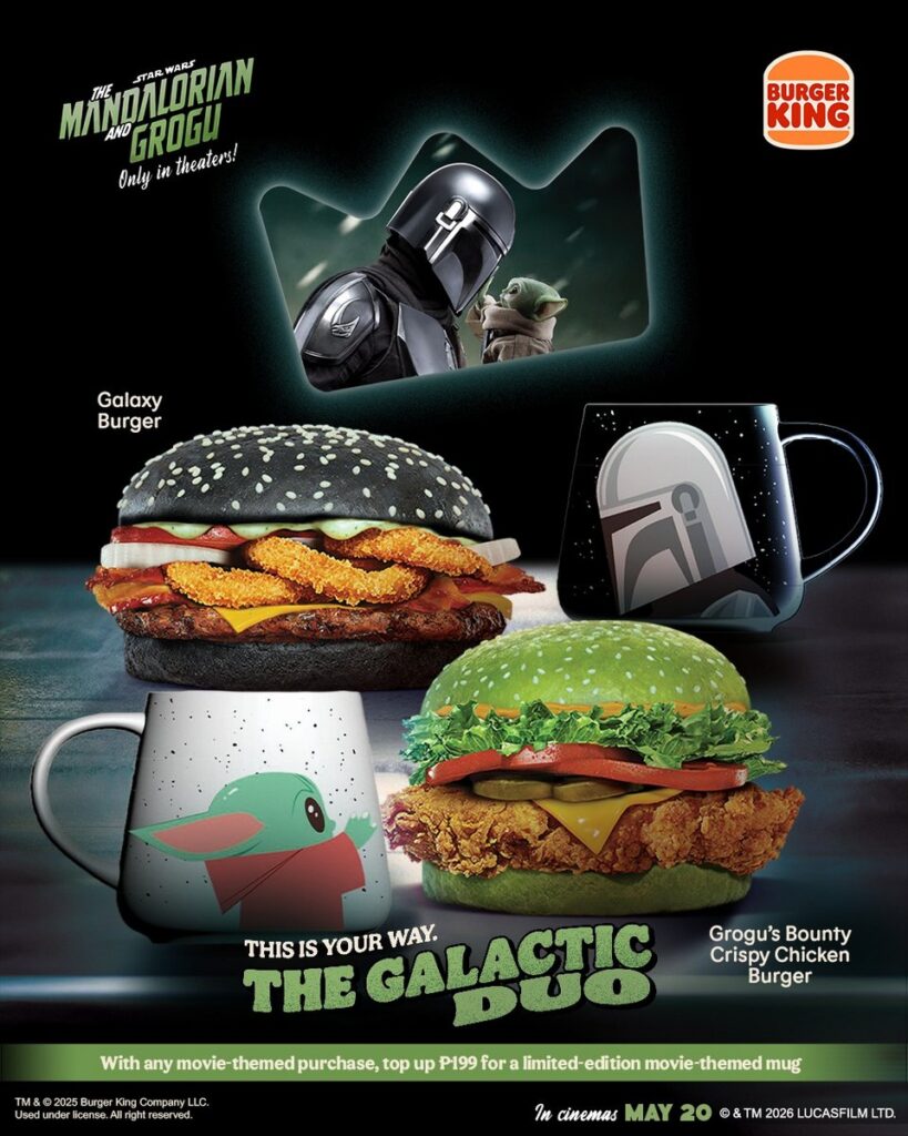 バーガーキングが、映画『スター・ウォーズ／マンダロリアン・アンド・グローグー』の公開にあわせて、シンガポール、フィリピン、ニュージーランドで展開する期間限定メニューの画像。