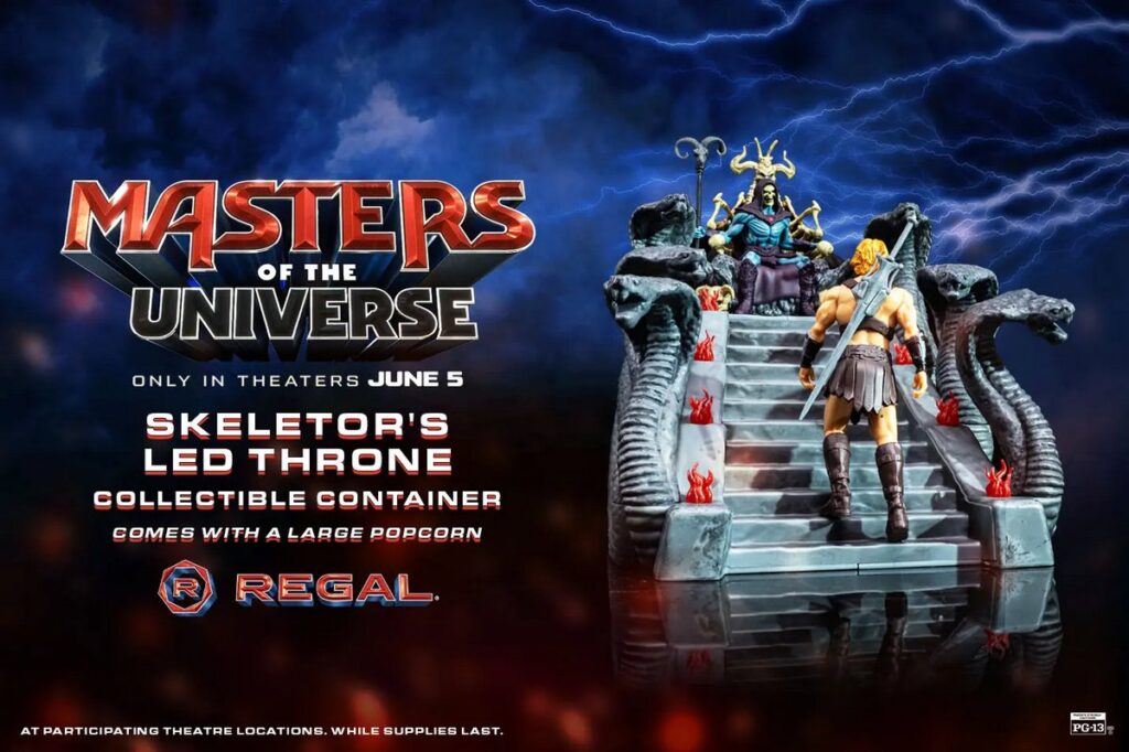 映画『マスターズ・オブ・ユニバース』の公開にあわせ、アメリカの映画館チェーン Regal Cinemas が発表した限定ポップコーンバケットやグッズの画像。