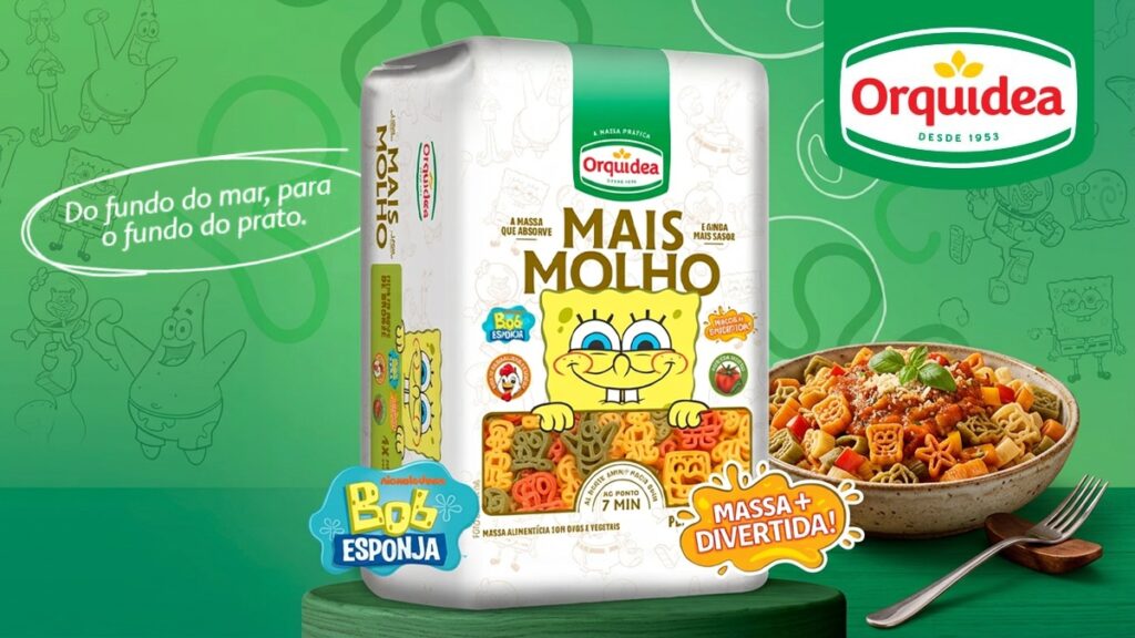 ブラジルの食品ブランド Orquídea が展開する、『スポンジ・ボブ』とコラボレーションした「Mais Molho」シリーズの新作パスタの画像。