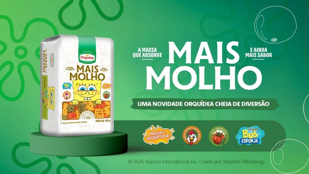 ブラジルの食品ブランド Orquídea が展開する、『スポンジ・ボブ』とコラボレーションした「Mais Molho」シリーズの新作パスタの画像。