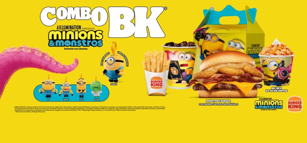 ブラジルのバーガーキングが映画『ミニオンズ＆モンスターズ』の公開にあわせて発表した、King Jr.限定キャンペーンと期間限定メニューの画像。