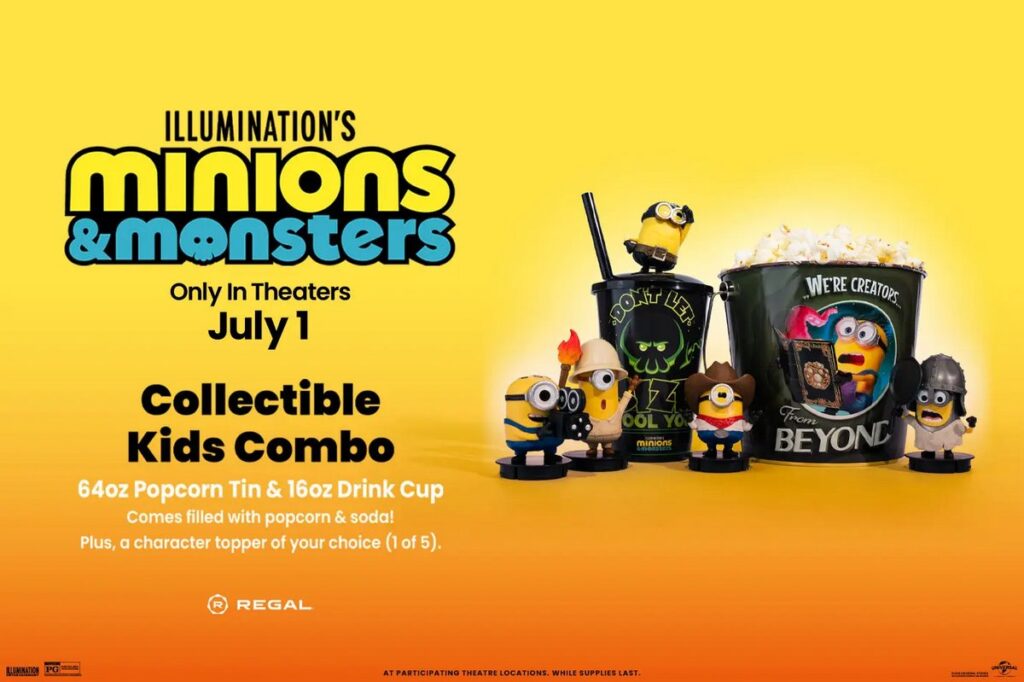 映画『ミニオンズ＆モンスターズ』の公開にあわせ、アメリカの映画館チェーン Regal Cinemas が発表した限定ポップコーンバケットやグッズの画像。