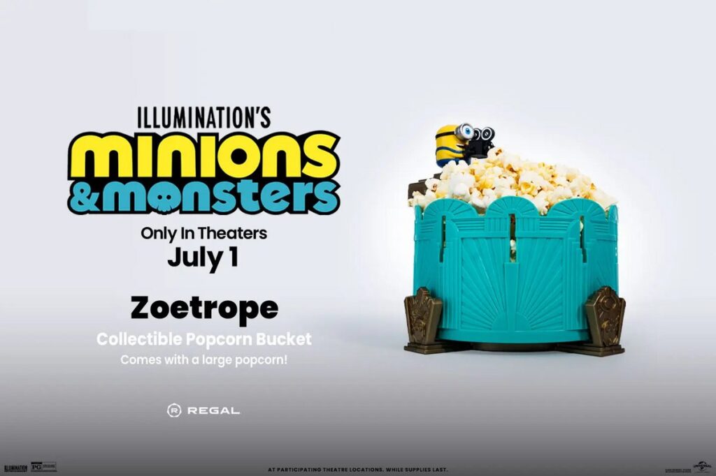 映画『ミニオンズ＆モンスターズ』の公開にあわせ、アメリカの映画館チェーン Regal Cinemas が発表した限定ポップコーンバケットやグッズの画像。