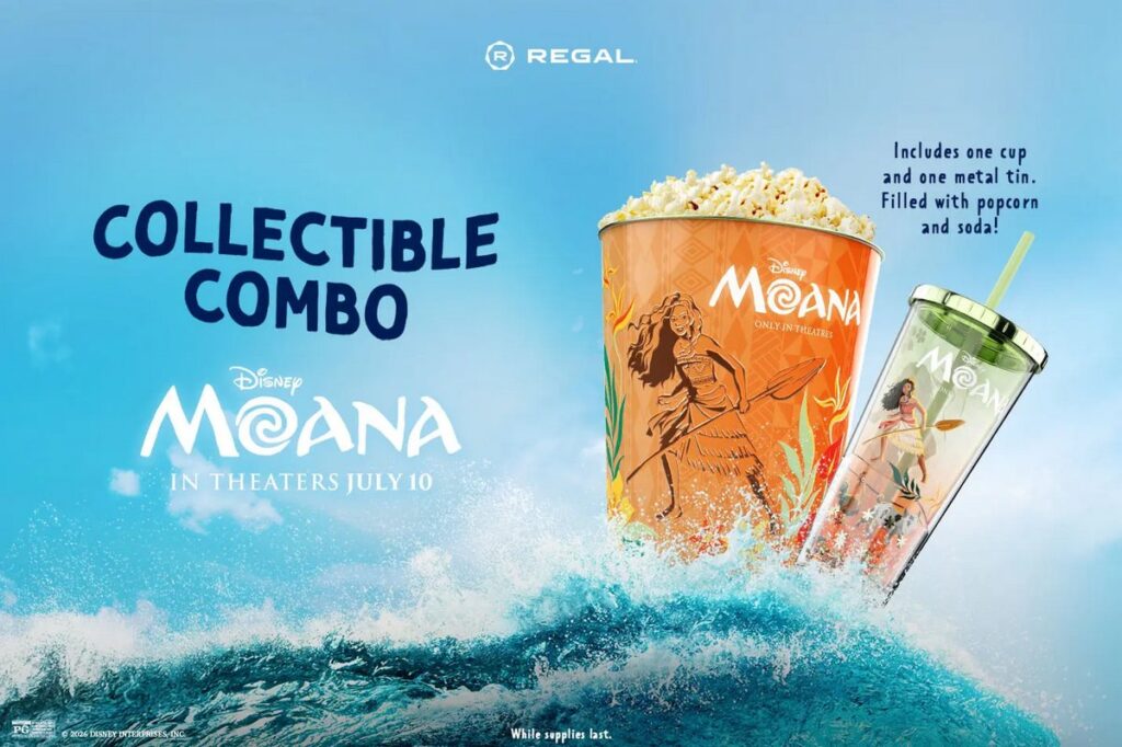 実写映画『モアナと伝説の海』の公開にあわせ、アメリカの映画館チェーン Regal Cinemas が発表した限定ポップコーンバケットやグッズの画像。